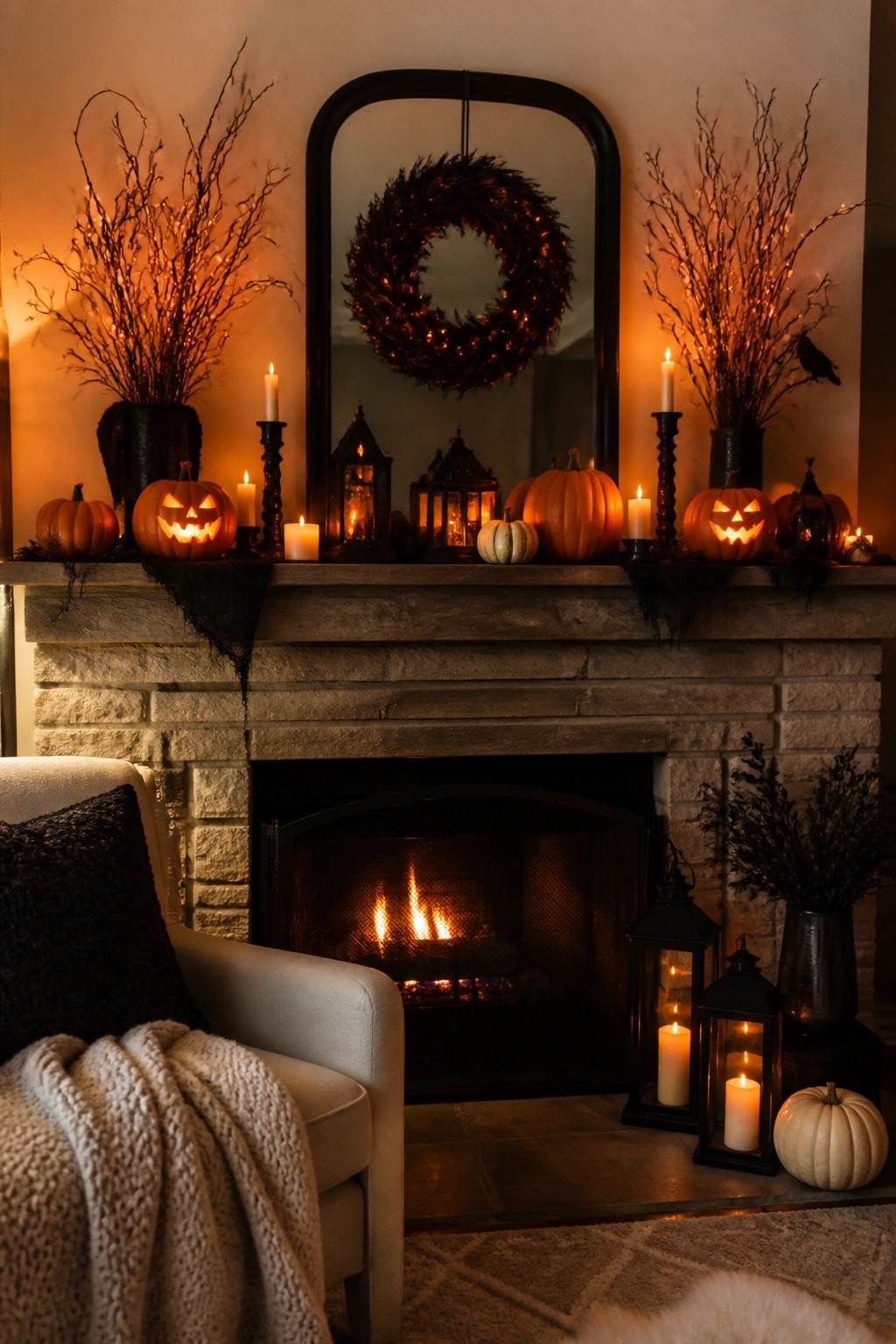 Stone fireplace mantel decorated with carved jack o lanterns, white candles, black branches in vases, and a wreath reflected in the mirror above.