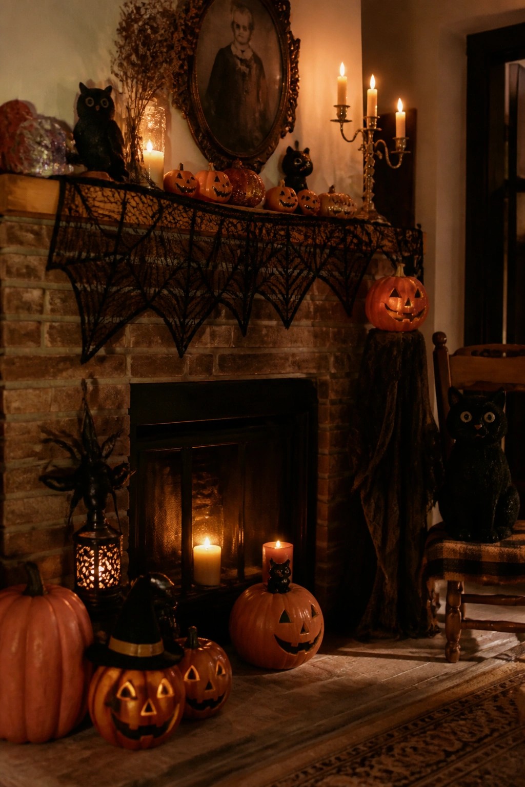 Brick fireplace with a row of carved jack o lanterns on the mantel, a black spiderweb runner, and additional pumpkins and black cat figures arranged on the hearth.
