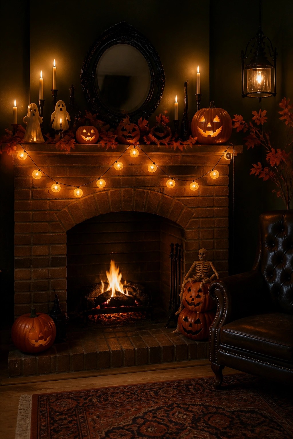 Cozy brick fireplace with glowing pumpkins, ghosts, skeleton, string lights, and candles.