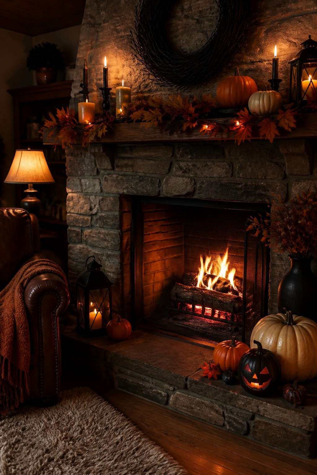 Stone fireplace with pumpkins and a carved jack o lantern on the hearth and mantel, surrounded by candles and autumn leaves.