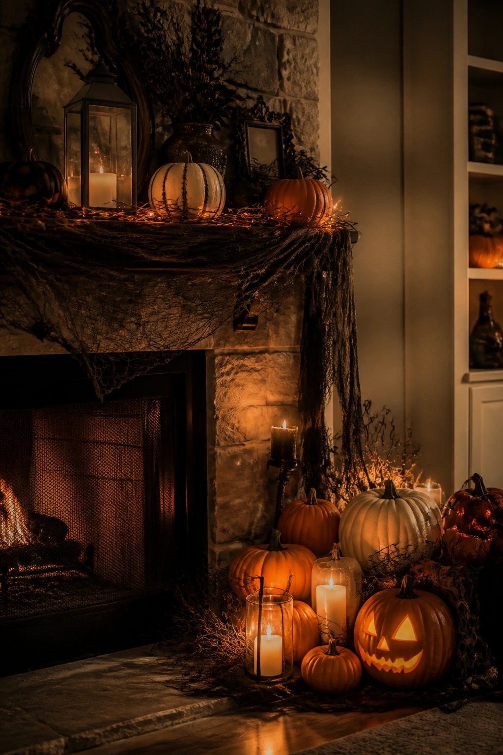 Fireplace mantel with spiderwebs, glowing pumpkins, candles, and a burning fire.