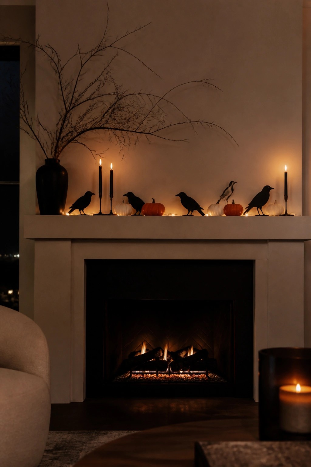 Burning fireplace beneath mantel with crow silhouettes, pumpkins, candles, and branches.