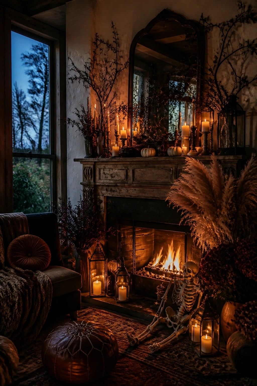 A skeleton sits on the floor in front of a lit fireplace with candles and lanterns arranged around it.