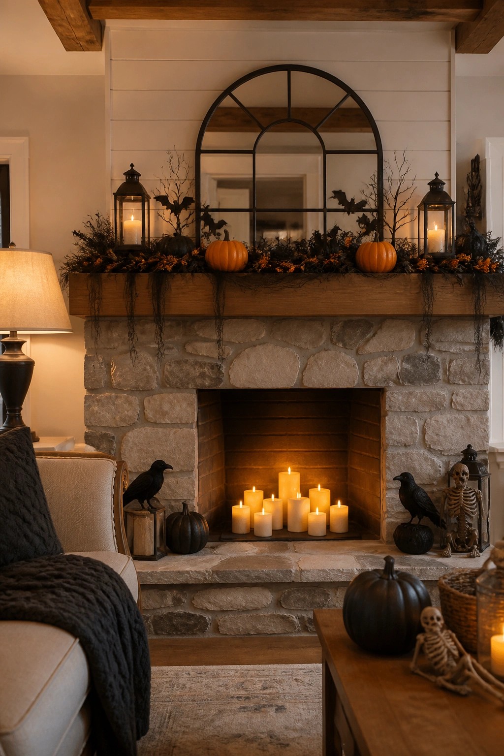 Stone fireplace with bats attached to the mantel garland, black crows on the hearth, and white candles inside the firebox.