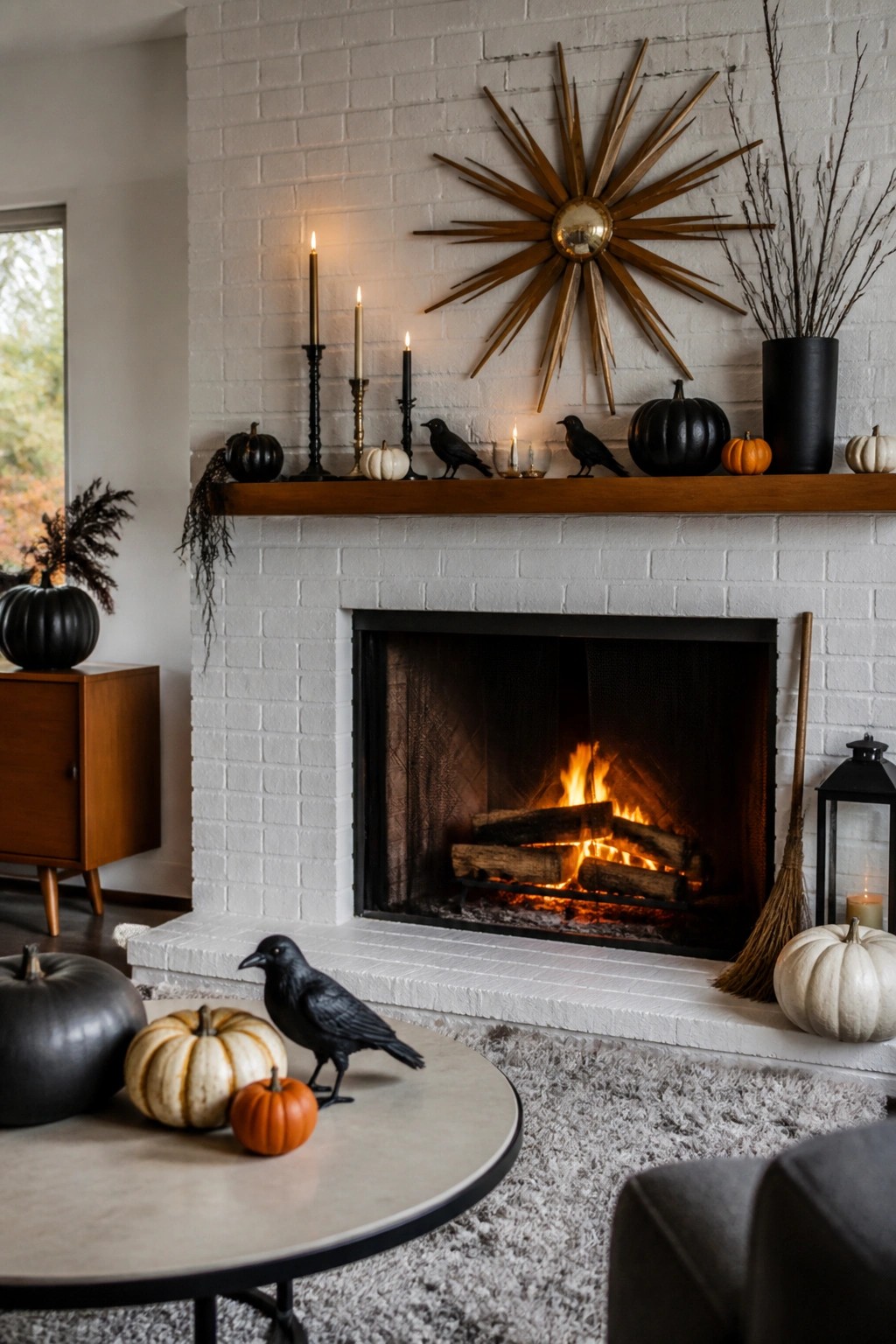 White brick fireplace mantel styled with black crows, black pumpkins, and candles above a lit fire.