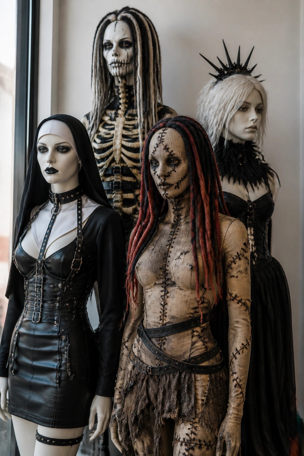 Four mannequins posed together wearing skeleton and stitched corpse costumes with dark gothic styling.