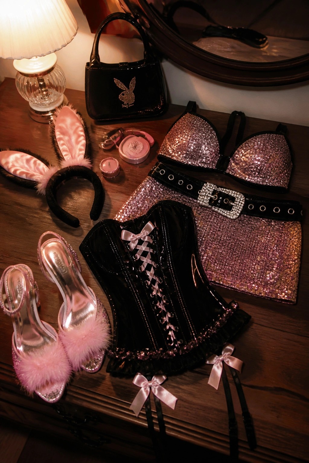 Pink sequined bunny outfit with black corset, heels, and accessories on vanity