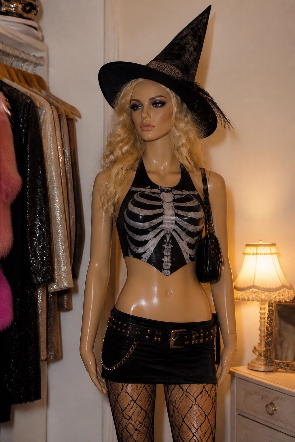 Mannequin dressed in a black pointed witch hat, skeleton print halter top, studded mini skirt, and fishnet tights standing in a room with clothing racks and a lamp.
