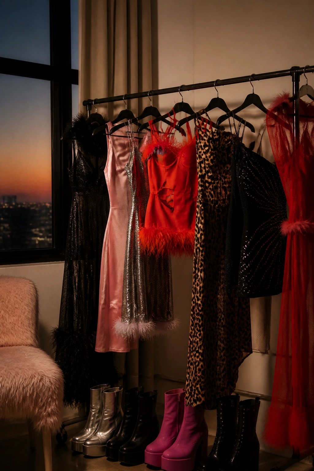 Clothing rack holding sequined and feathered party dresses with platform boots lined up below.