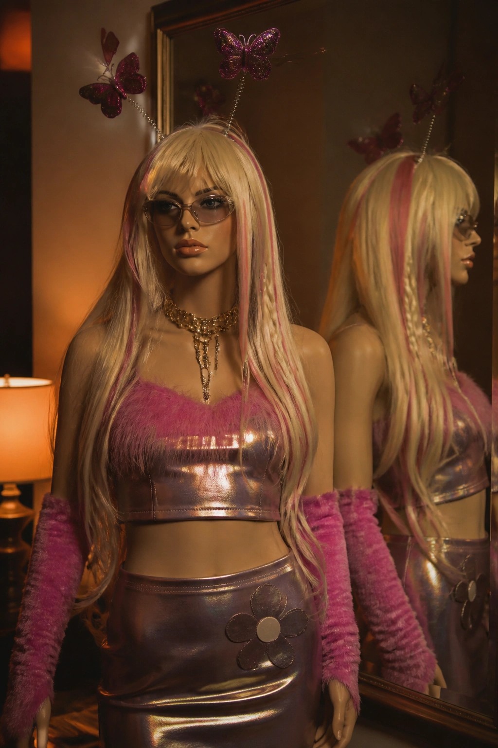 Mannequin wearing a pink metallic crop top and skirt with fuzzy pink arm warmers, layered necklaces, and glitter butterfly headbands standing in front of a mirror.