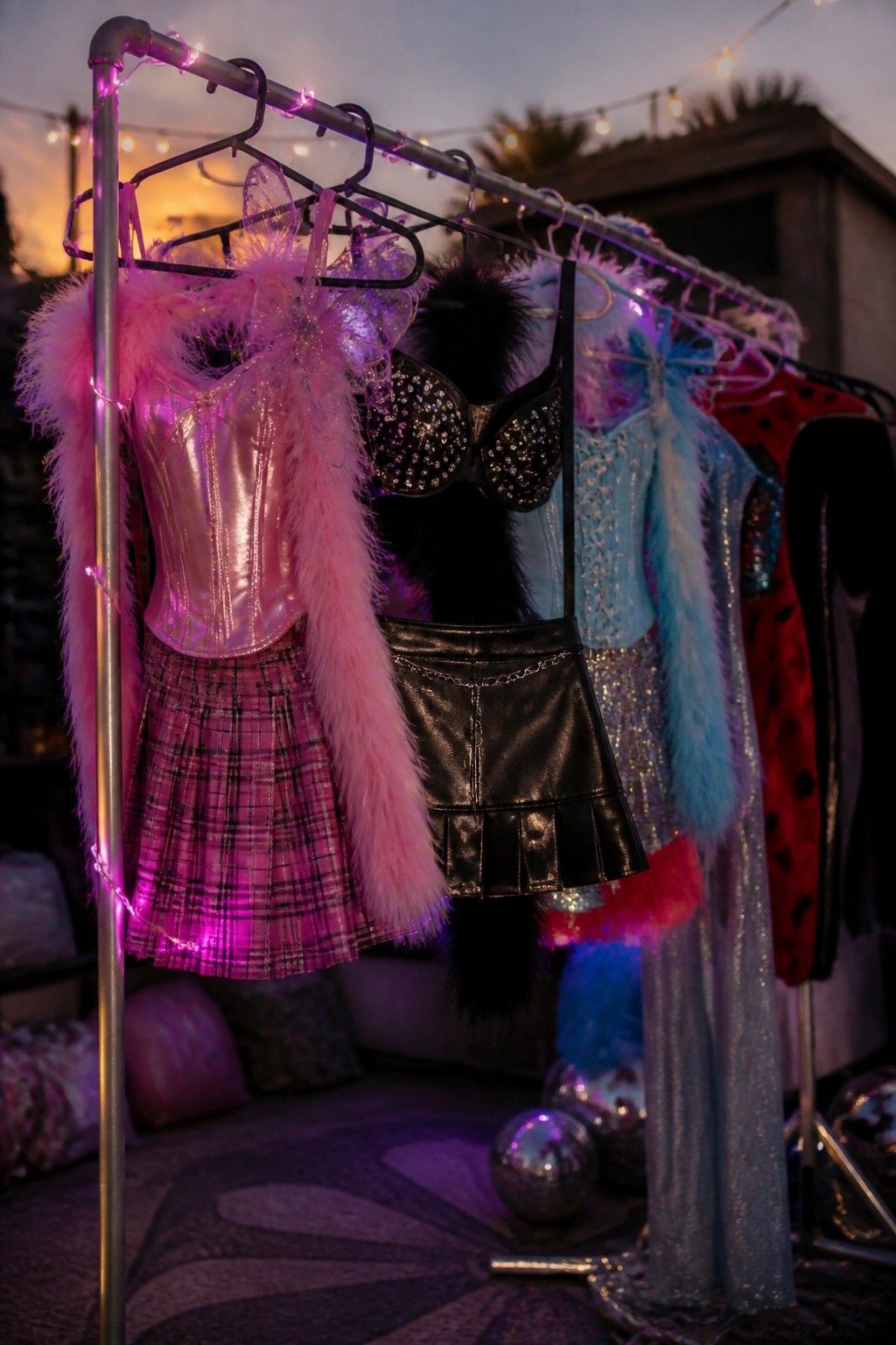 Outdoor clothing rack displaying pink metallic corset with feather trim, black studded bra top, leather mini skirt, and sequin dresses under string lights.