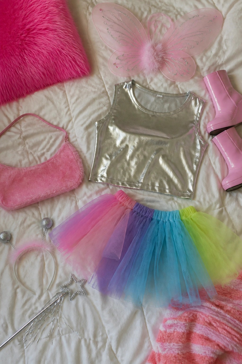 Flat lay of Y2K Halloween costume pieces including a silver crop top, rainbow tutu, pink boots, fairy wings, and pink fuzzy accessories arranged on white fabric.