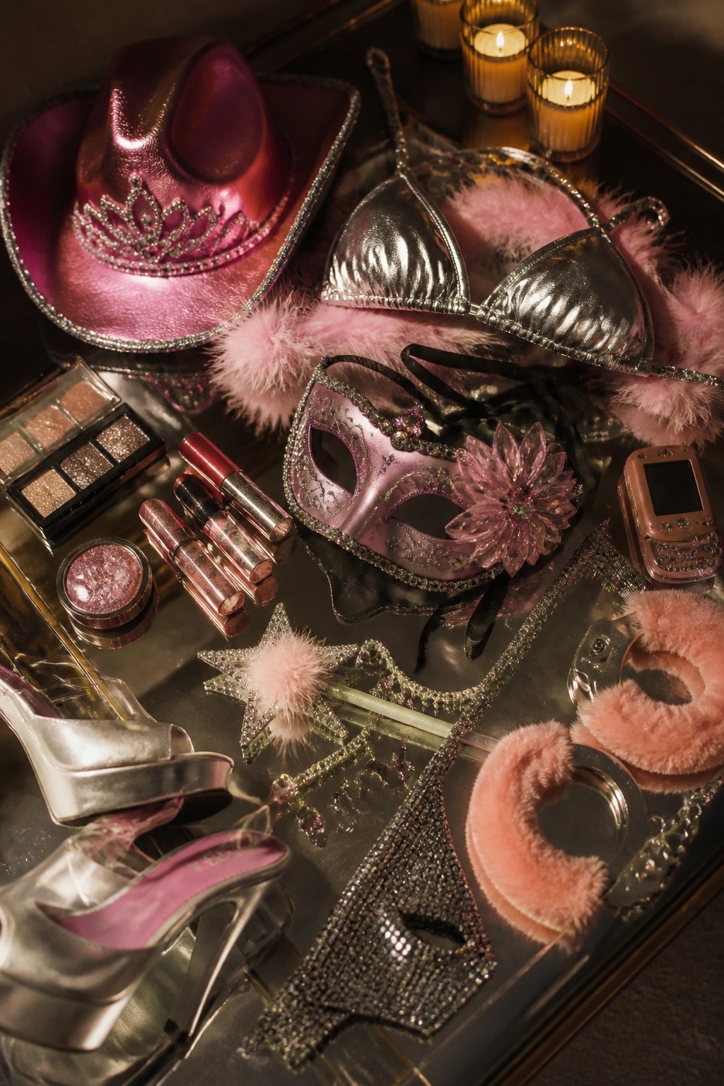 A tabletop arrangement of Y2K-style Halloween accessories including a pink cowboy hat, silver bikini top, masquerade masks, platform heels, makeup, and a flip phone.