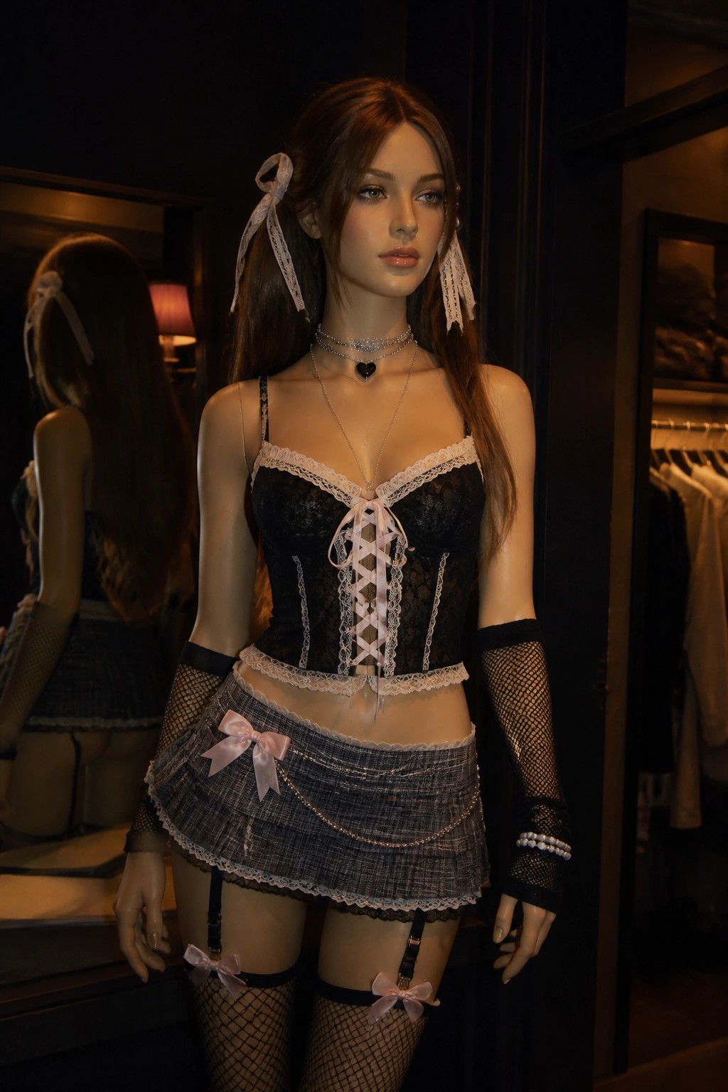 Mannequin in black lace corset, denim mini skirt, fishnets, and pink ribbon pigtails.