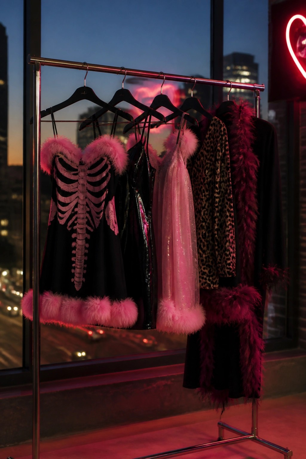 Clothing rack holding a black skeleton dress with pink fur trim, a shiny black dress, a pink glitter dress, a leopard top, and a black velvet dress with feather boa in front of a city window at night.