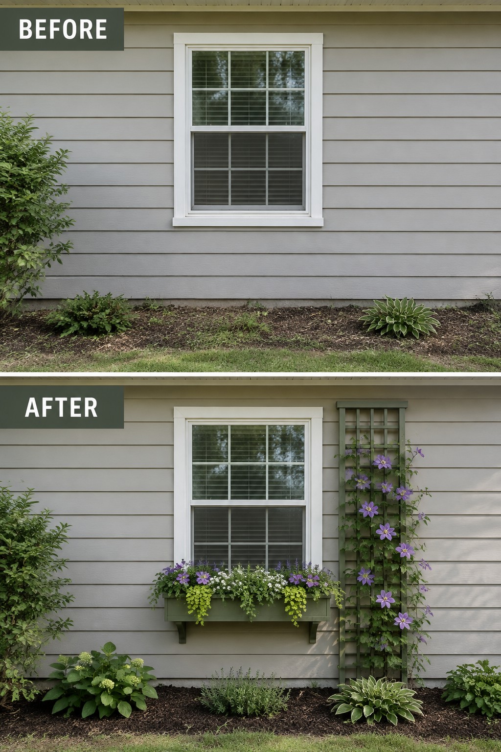 Before and after of gray house window with added flower box and vine trellis.