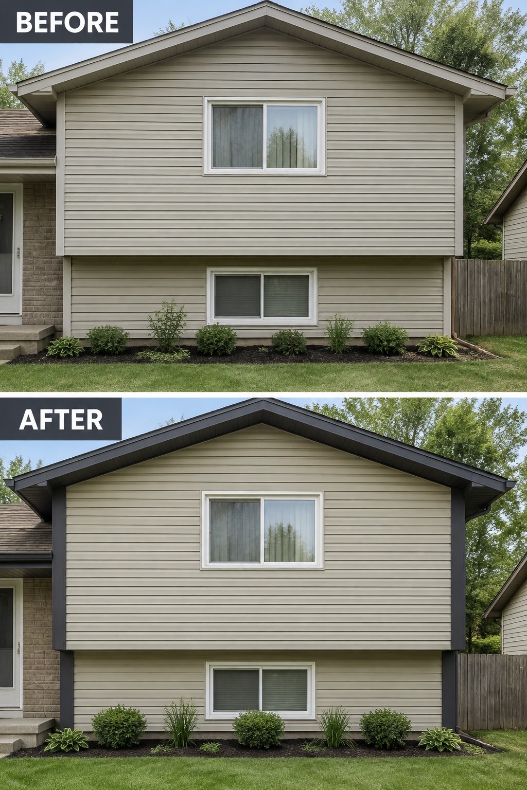Before-and-after image of a house exterior showing dark trim added along the roofline, gables, and vertical corners.