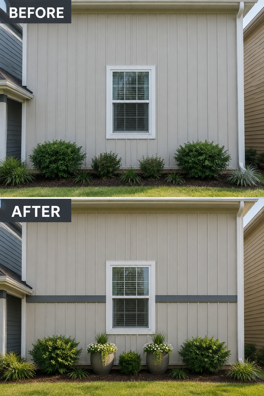Before-and-after house exterior with added gray trim band and potted plants