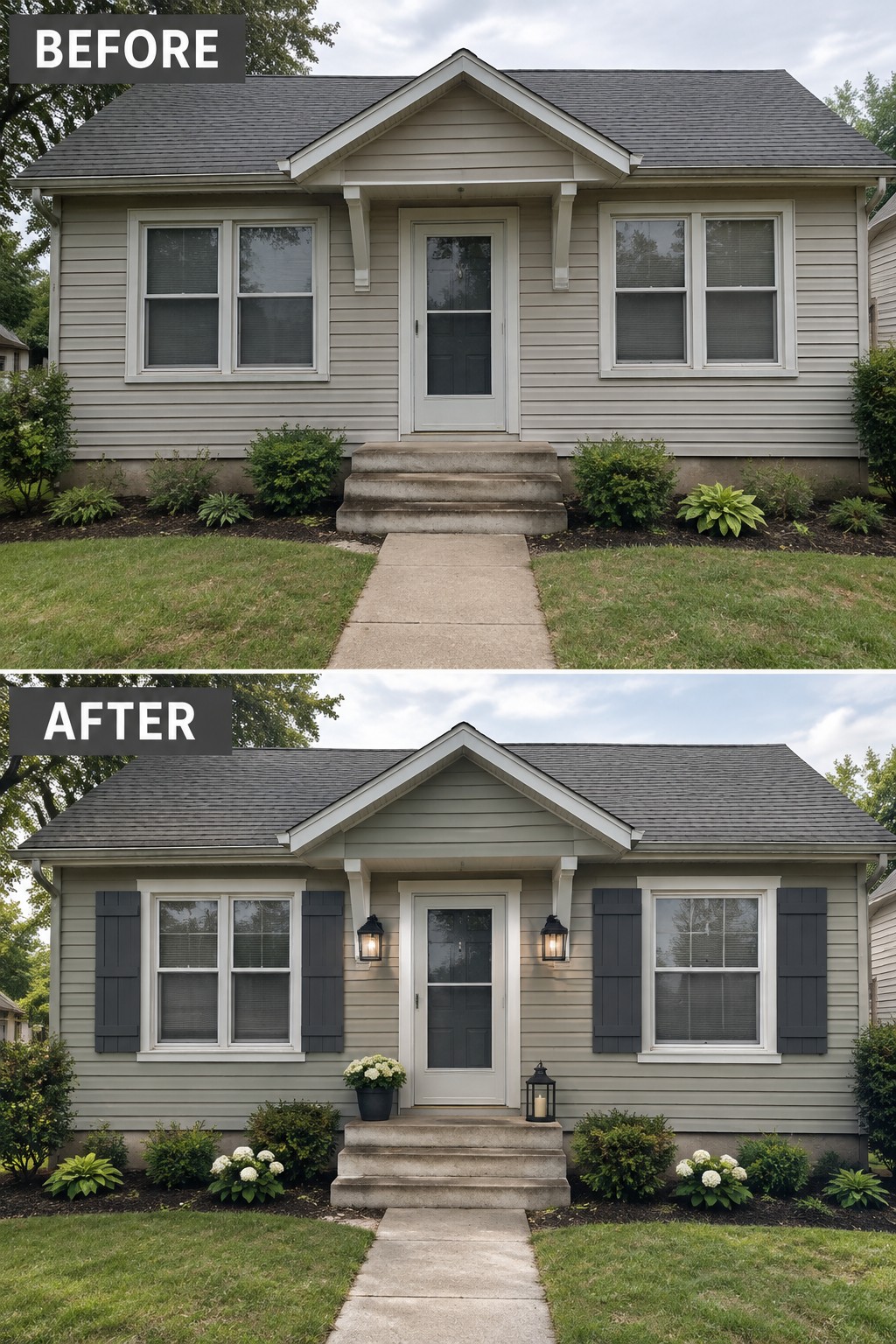 Before and after house exterior with added dark shutters, lanterns, and flowers