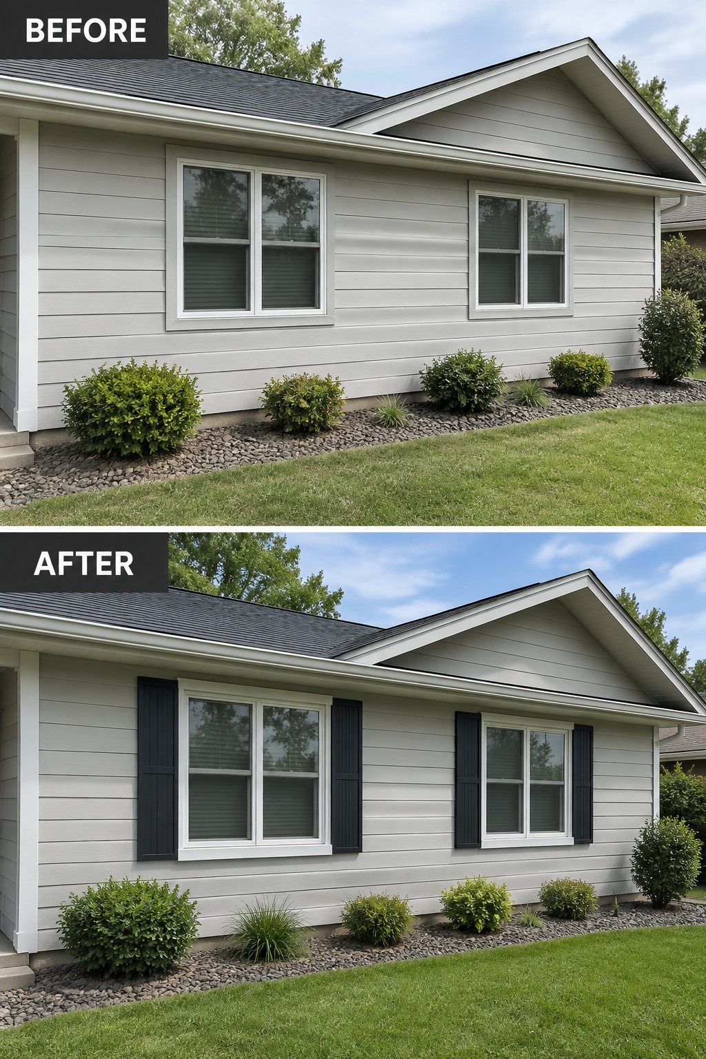 Before and after of gray house with new black shutters on windows.