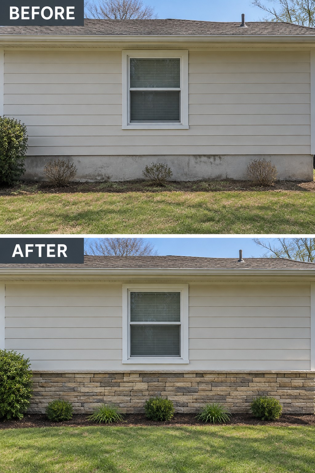 Before and after house exterior with stone foundation and refreshed landscaping