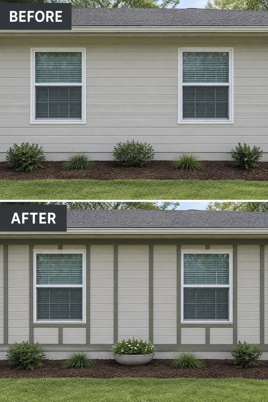 Before and after house exterior with added vertical trim and central flower planter.
