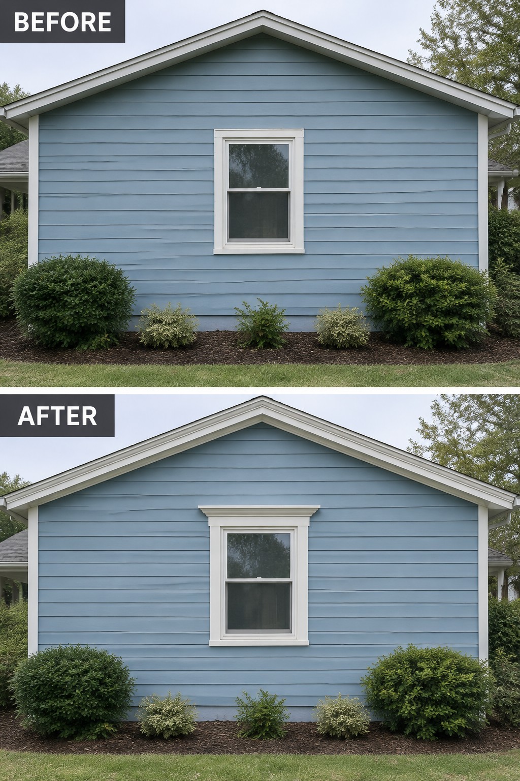 Before-and-after image of a blue house exterior showing a window updated with added white trim and casing.
