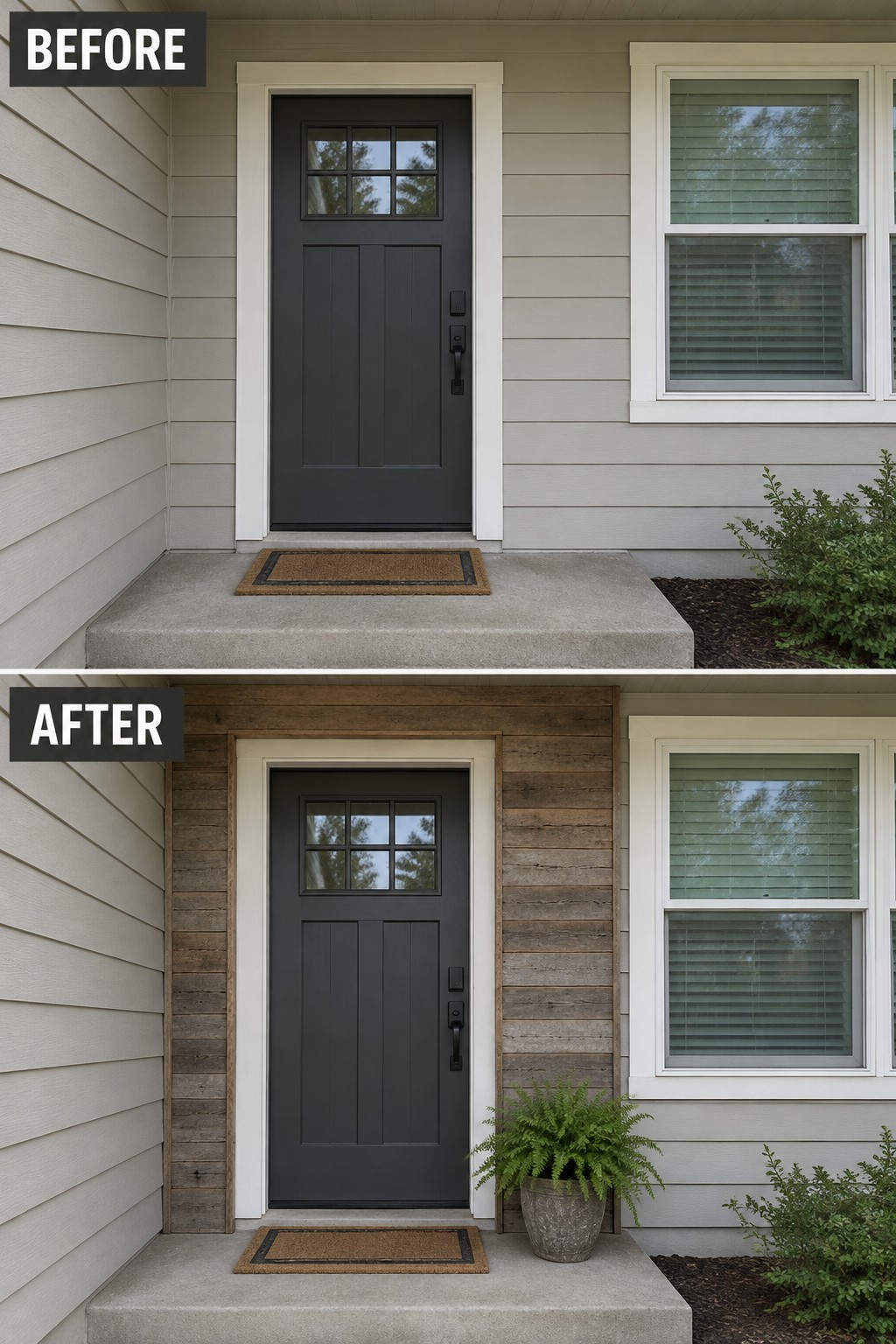 Before-and-after image of a house front entry updated with wood paneling added around the door and a potted fern placed beside the step.