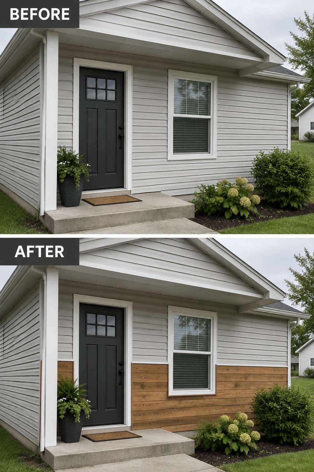 Before and after views of gray house with added brown wood paneling on walls