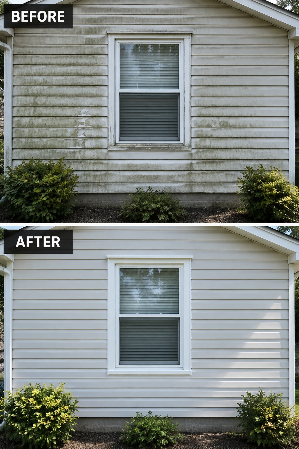 Before-and-after house siding: moldy gray above, bright white clean below with window.