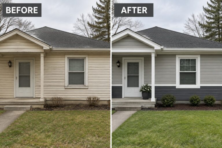 18 Affordable Siding Refresh Ideas Without Replacing the Existing Windows Before and after house exterior painted gray with new siding and porch updates