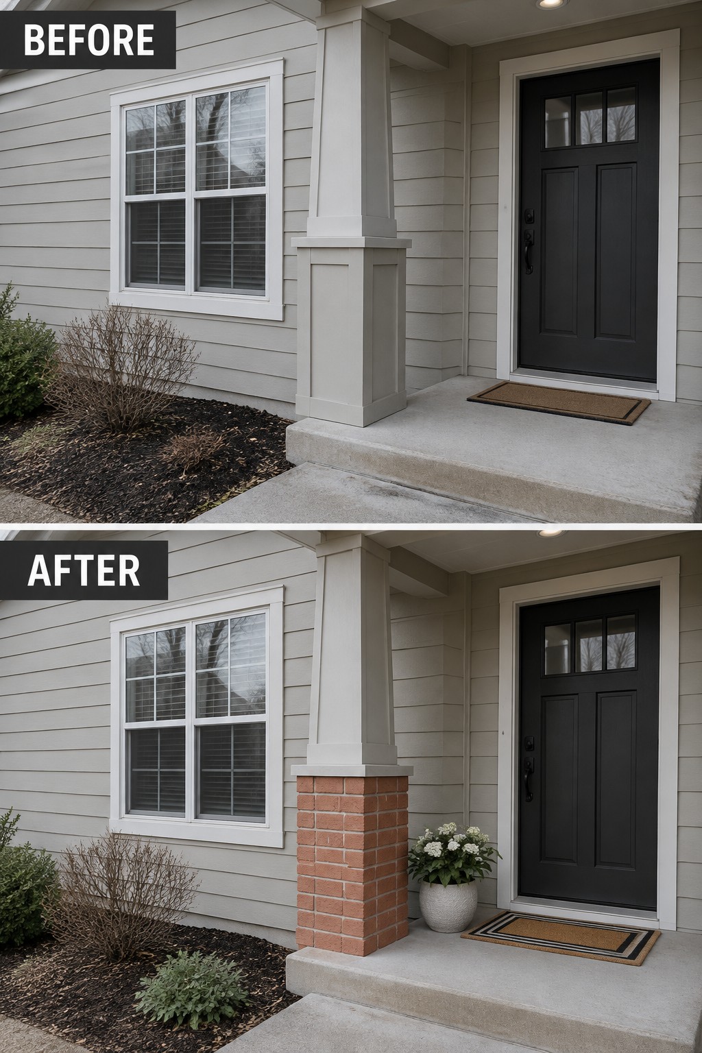 Before-and-after view of house porch with white column base replaced by red brick and potted flowers added.