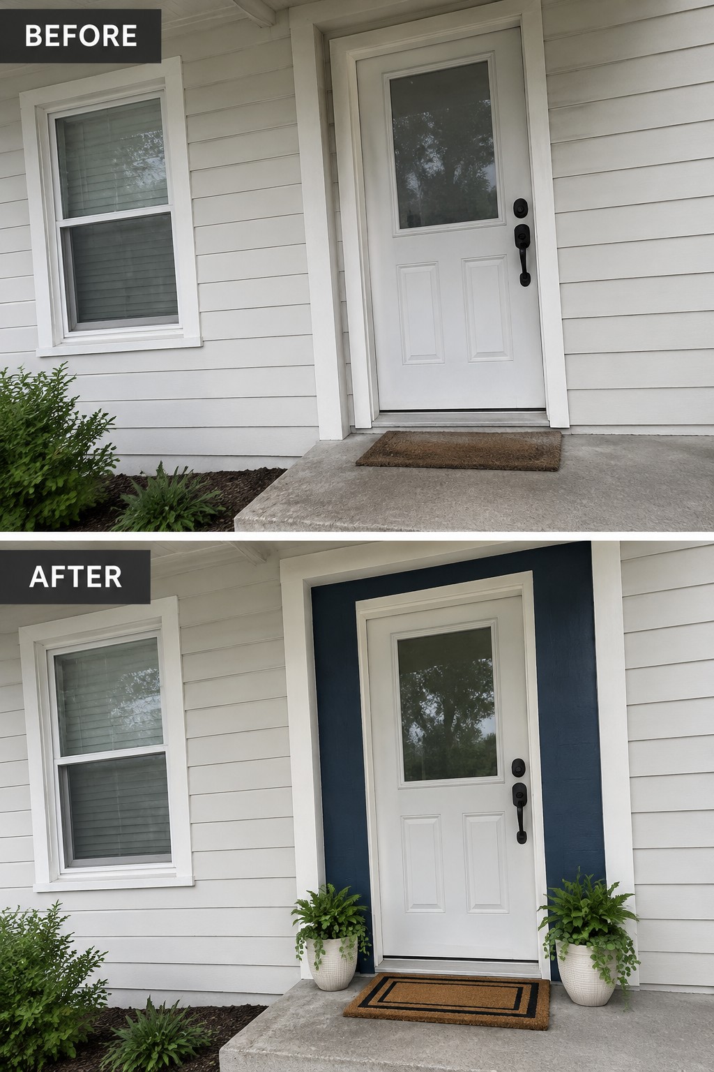 Before-and-after image of a front entry with dark blue paint added around the door and potted plants placed on the steps.