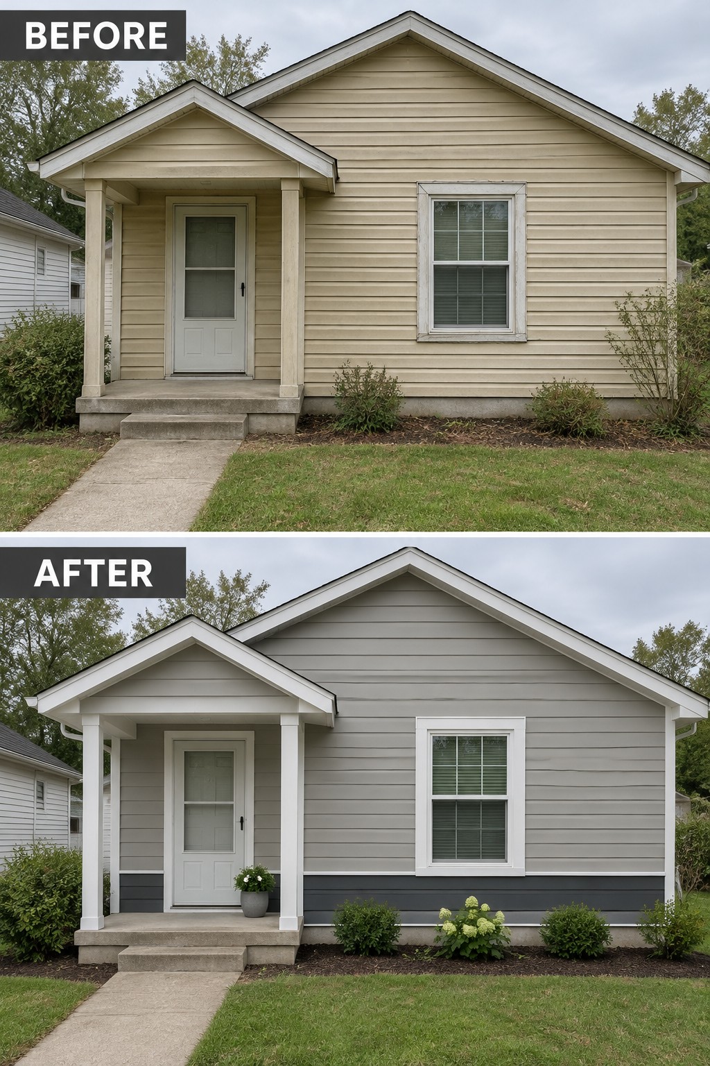 Before and after house exterior painted gray with new siding and porch updates