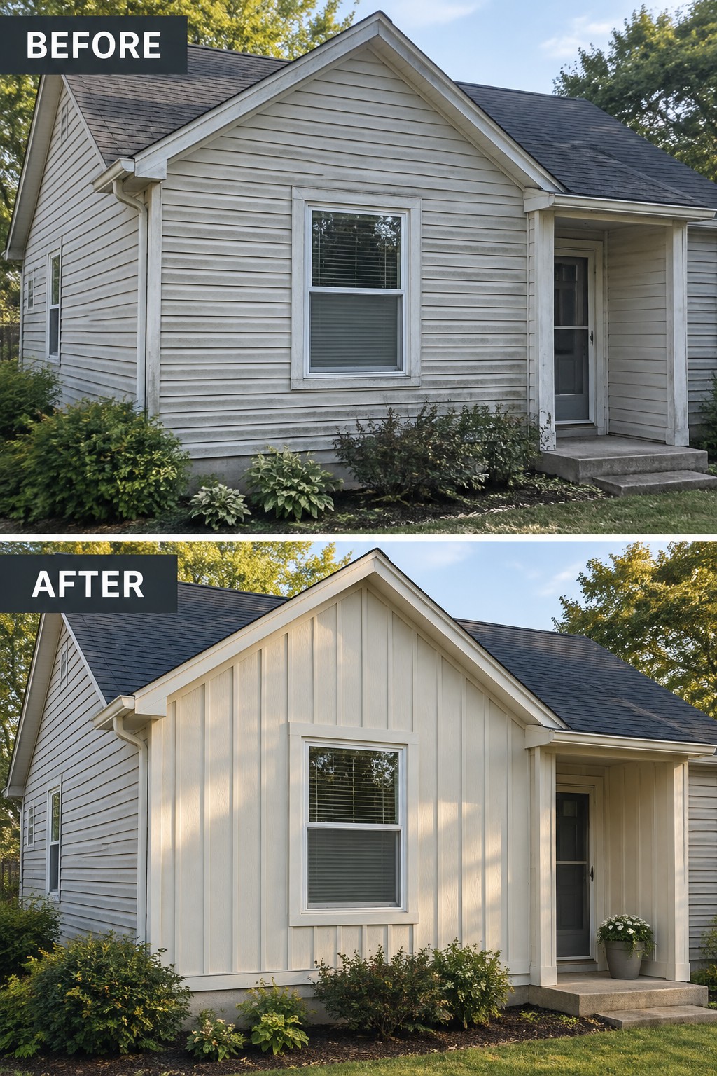 Before and after house with new vertical siding and updated exterior paint.