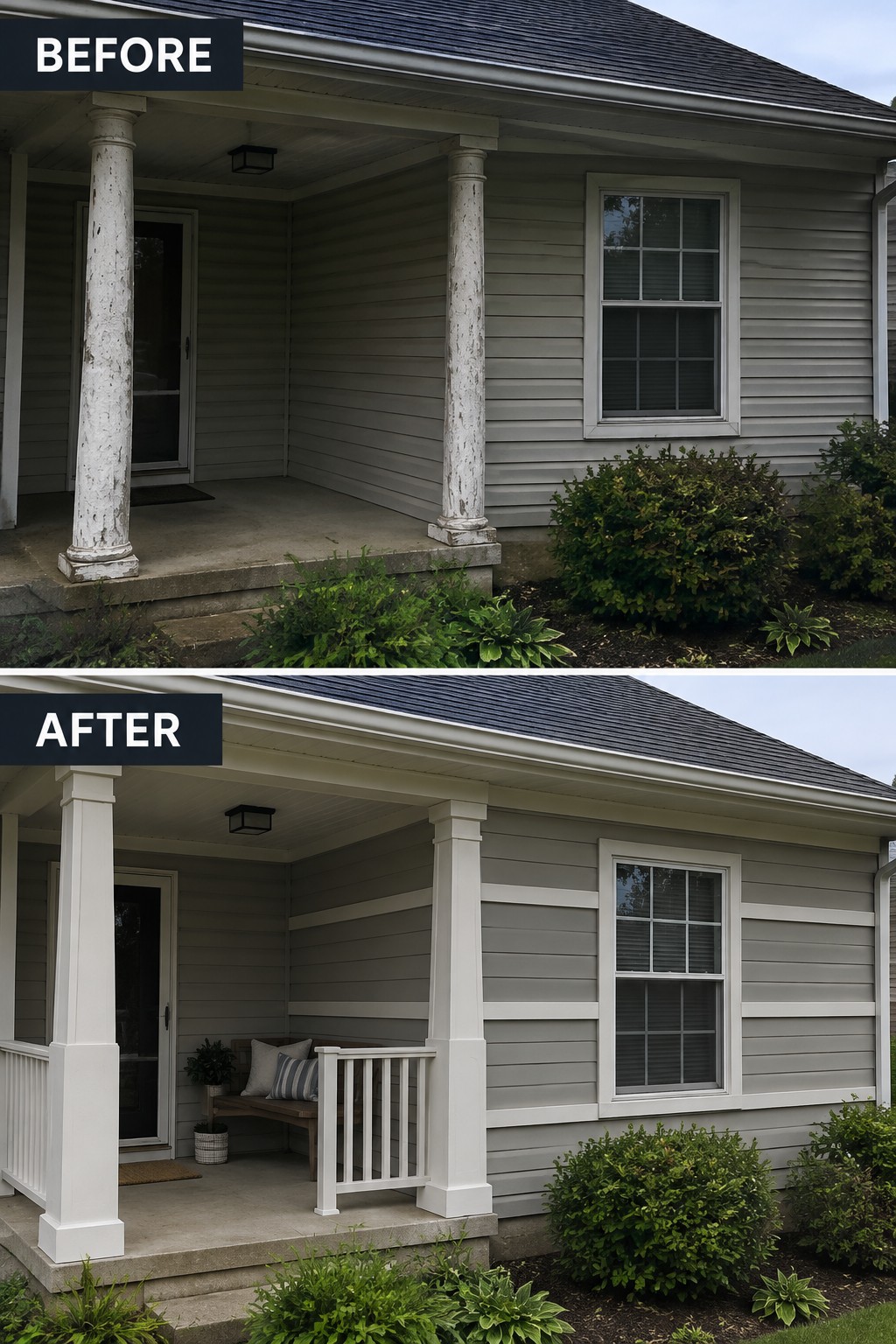 Before and after of gray house porch with fresh white columns and railing.