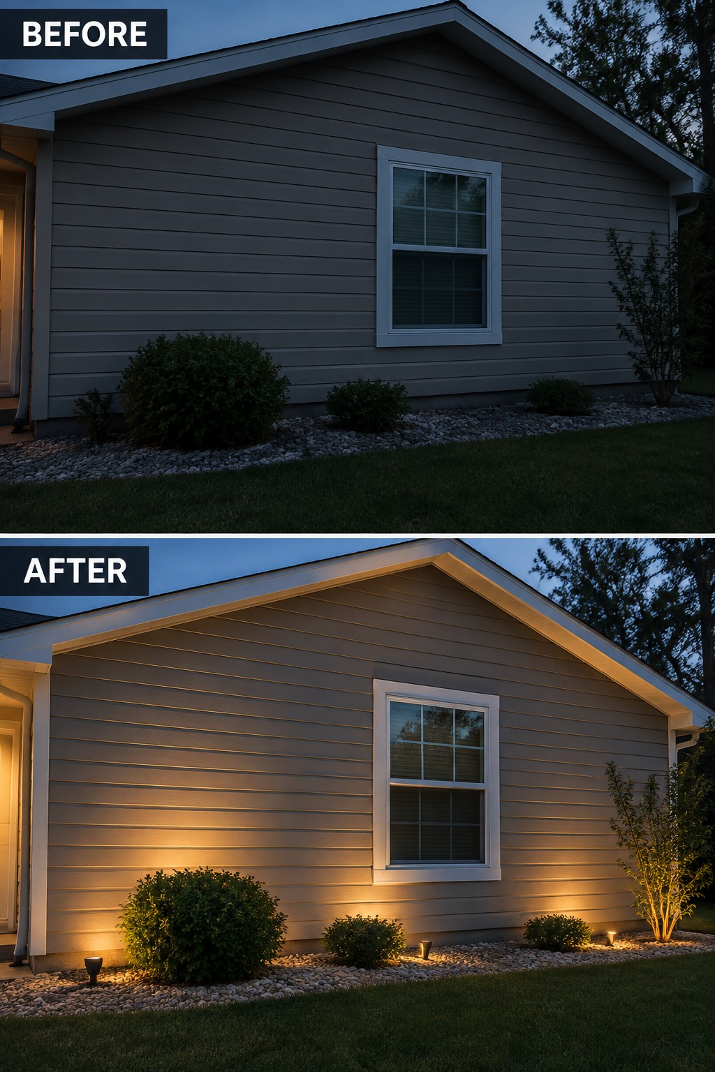 Before and after of house with added warm uplighting on siding and shrubs.