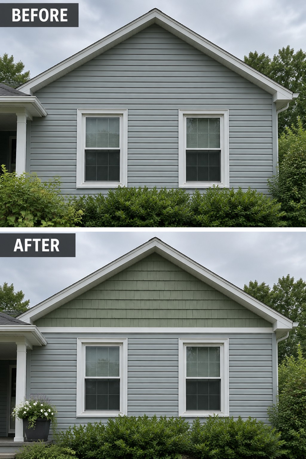 Before and after of house with gray siding changed to green and added flower pot