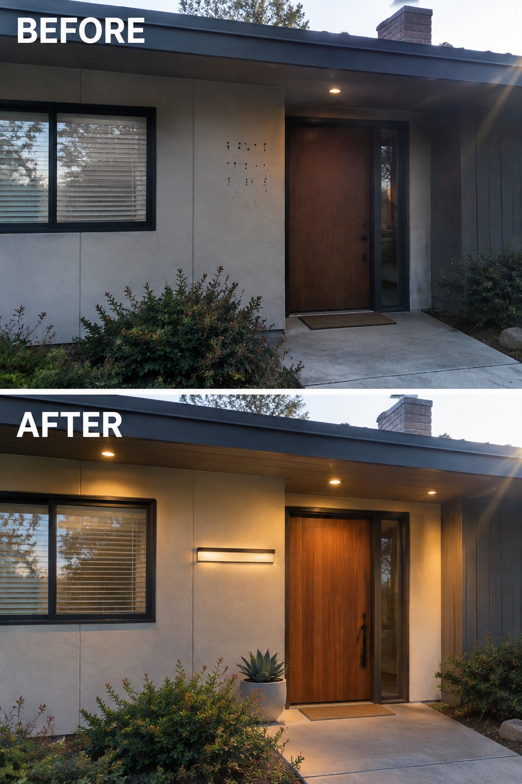Before and after view of modern home entry with added exterior lighting and potted plant
