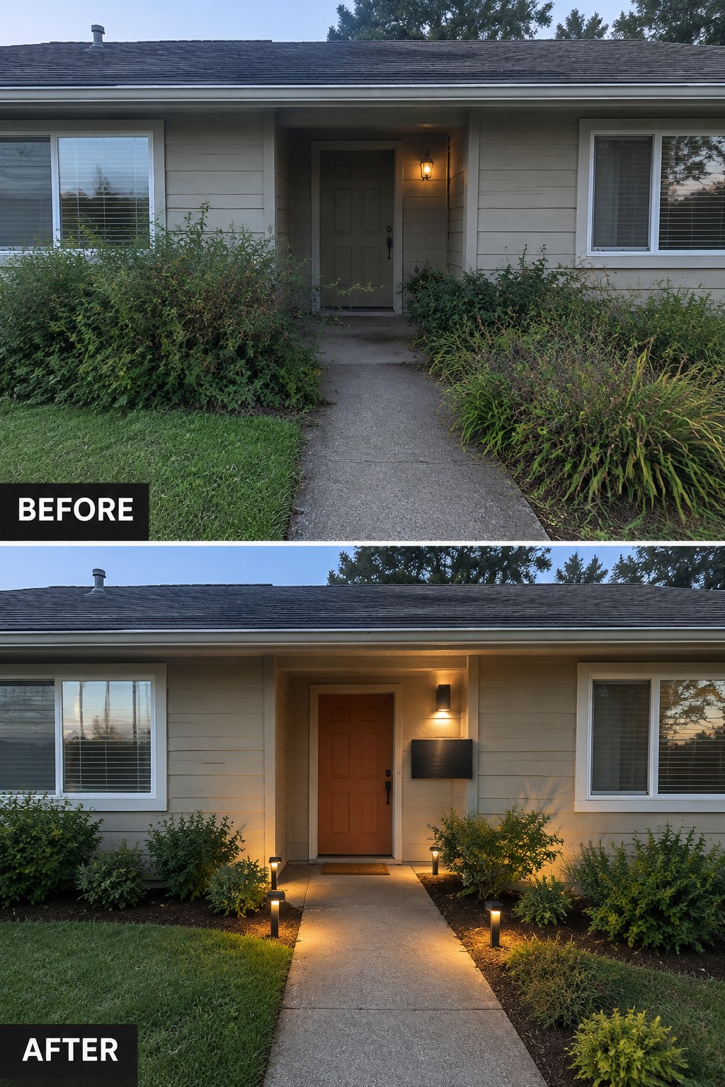 Before and after of house entrance with new door, lights and trimmed landscaping