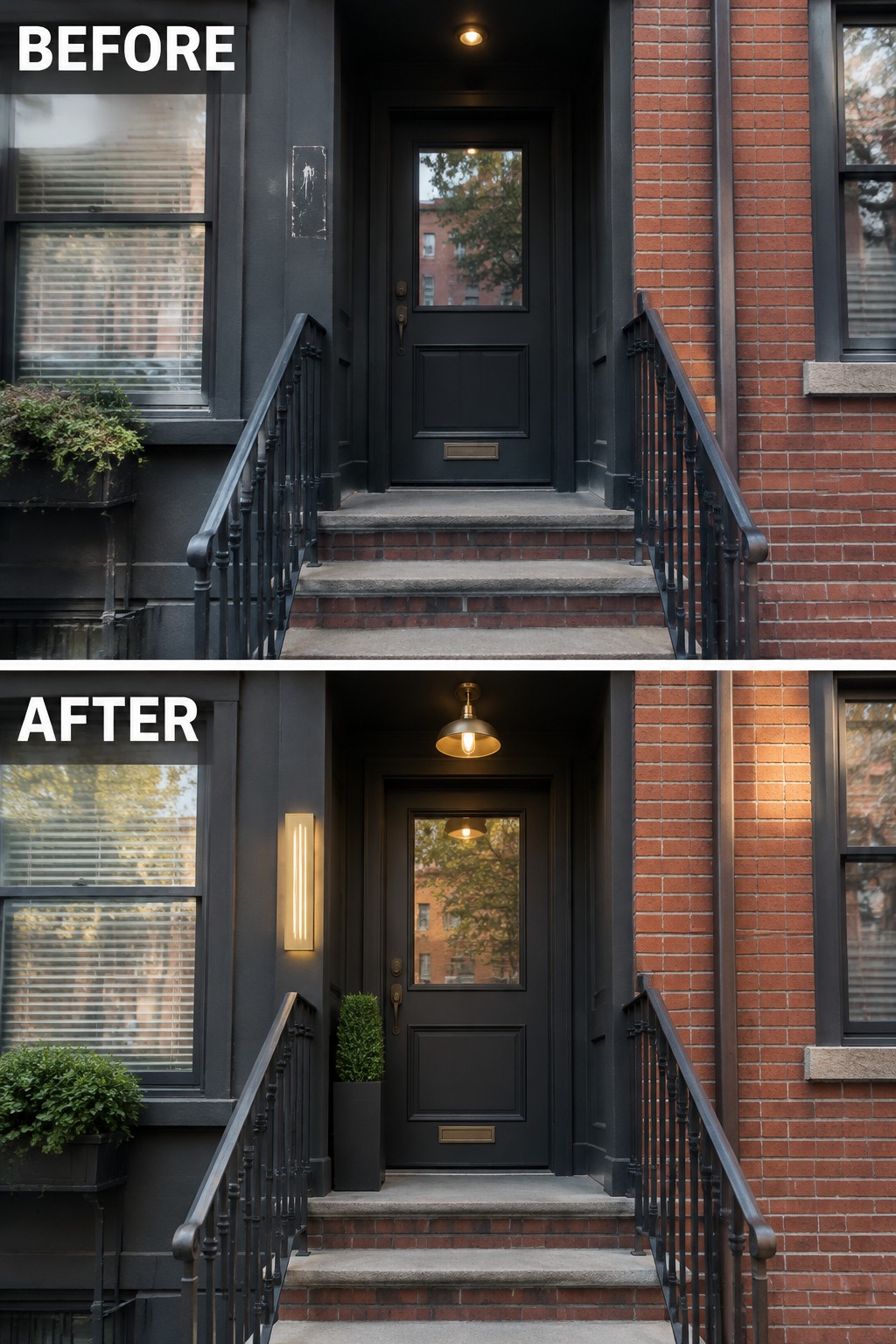 Before and after of a renovated black door entrance with brick stairs and new lighting.