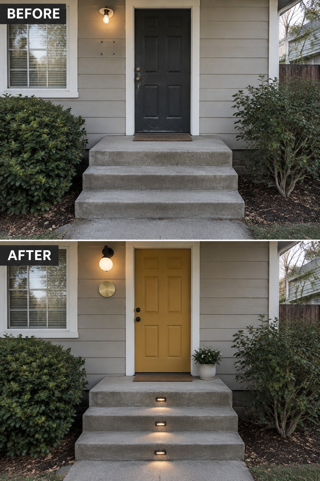 Before-and-after view of house entrance with door changed from black to yellow and new lighting.
