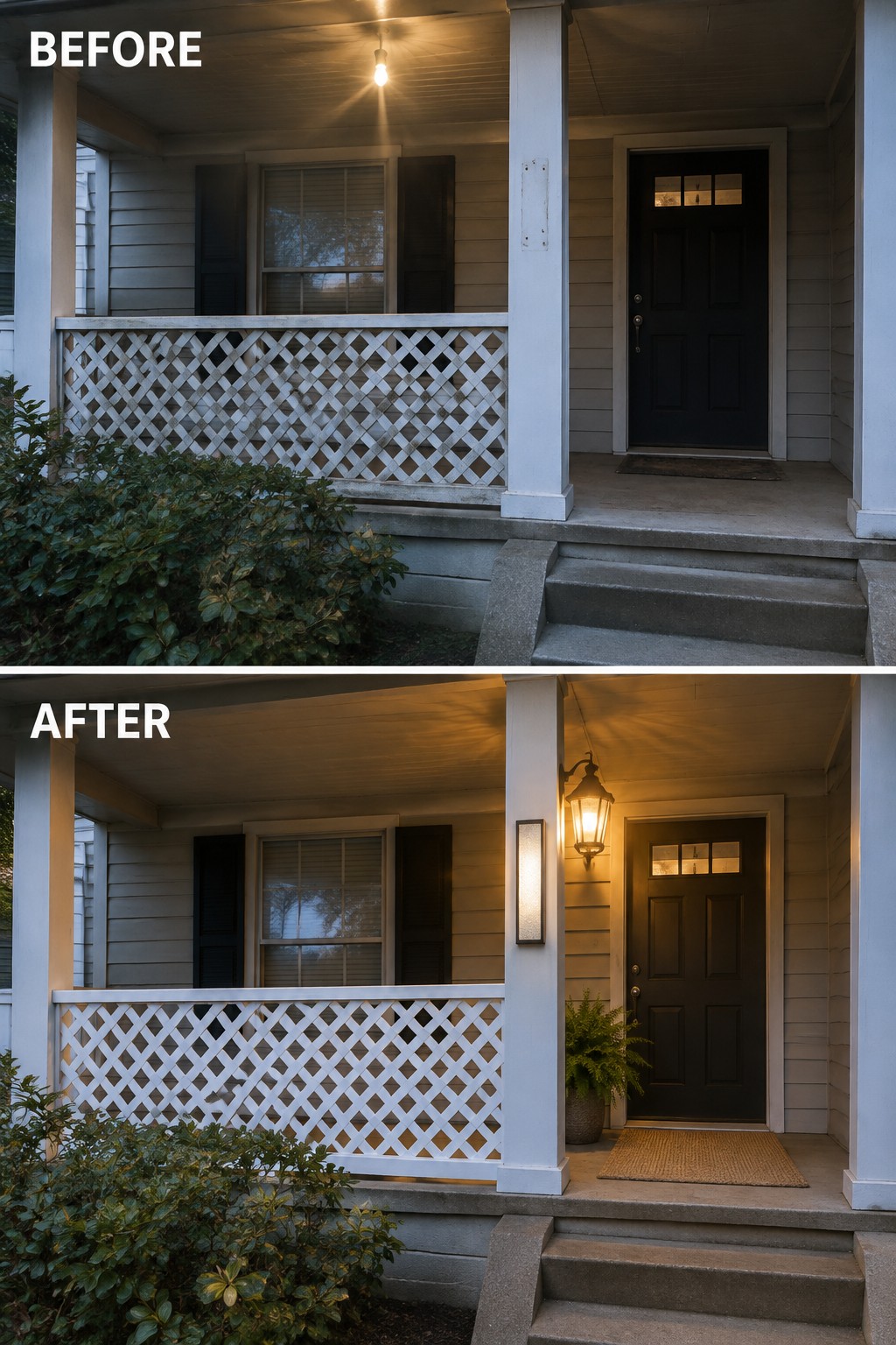 Before-and-after image of a front porch updated with added entry lighting including a wall lantern and vertical sconce.