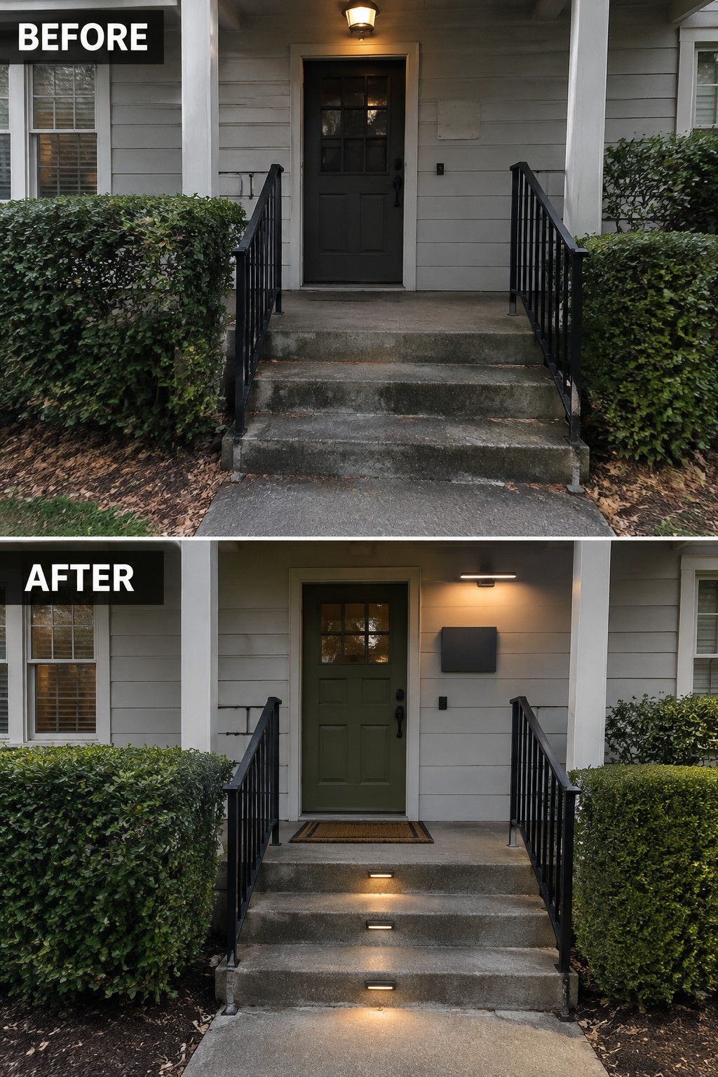 Before-and-after porch renovation showing gray door replaced by green with added step lights.