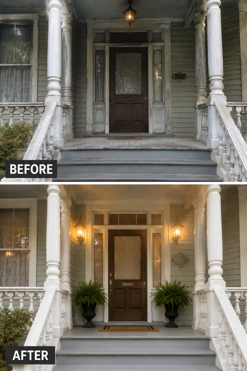 Before-and-after image of a front porch updated with new wall sconces and potted ferns flanking the door.