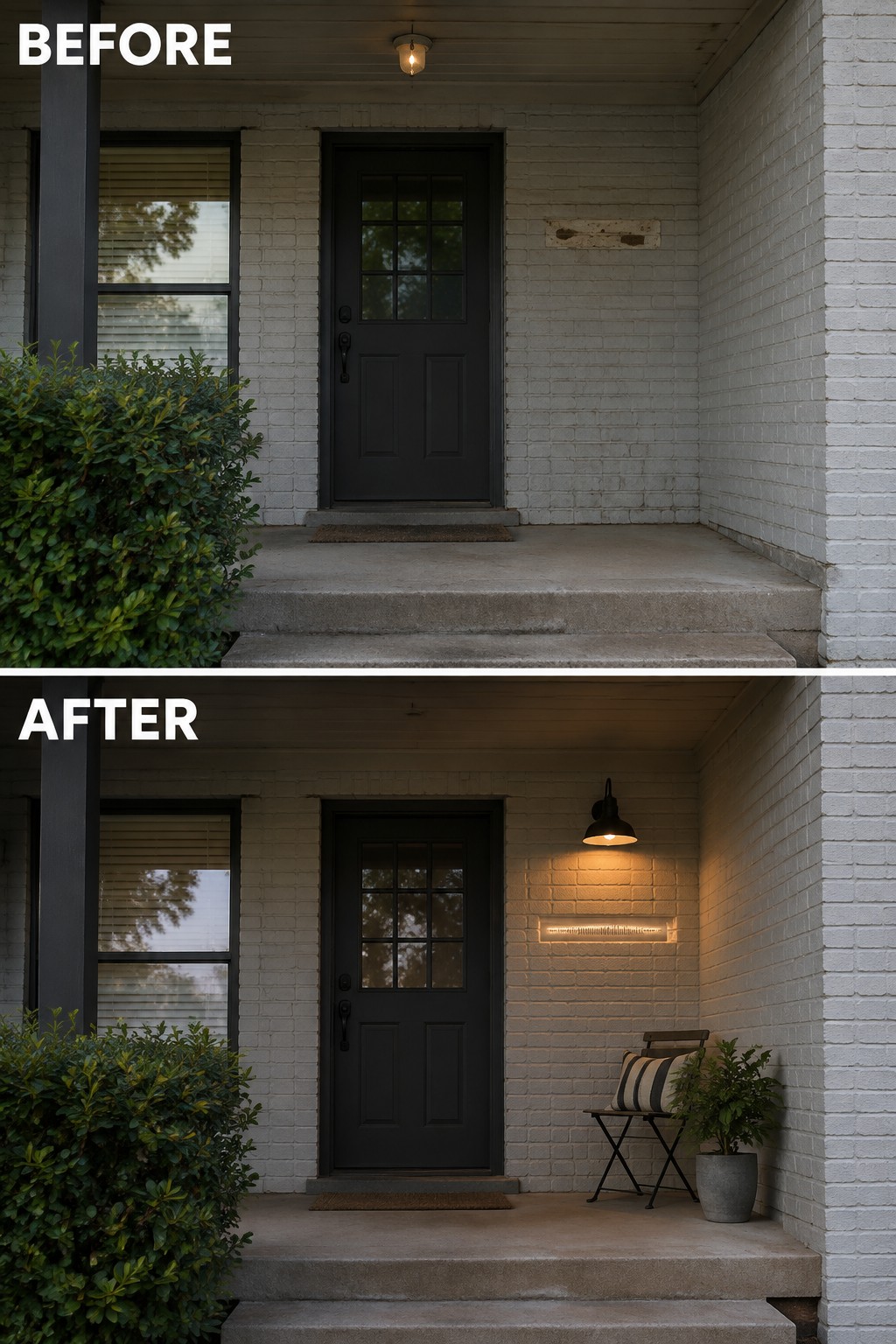 Before and after porch with black door, new lights, chair, and potted plant.