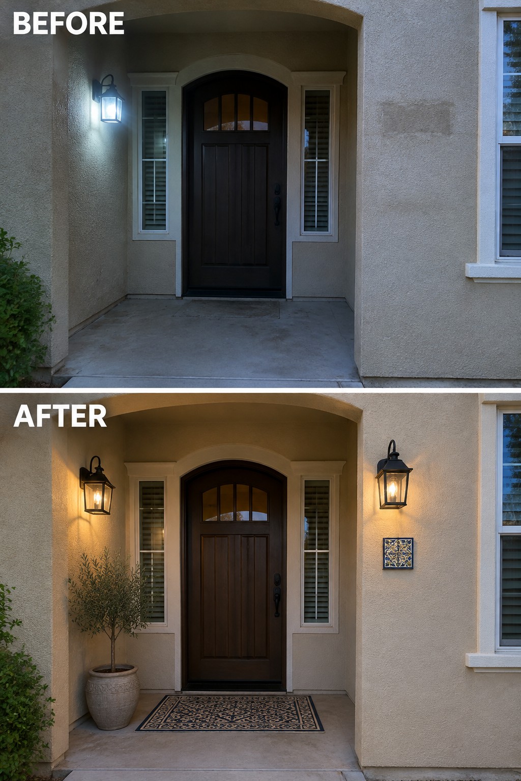 Before and after front door with new lanterns, plant, doormat and warmer lighting