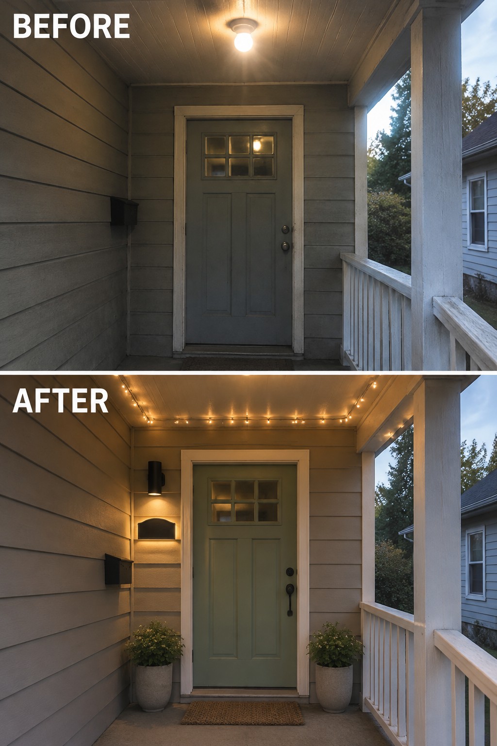 Before and after porch with green door, string lights, sconces and potted plants.