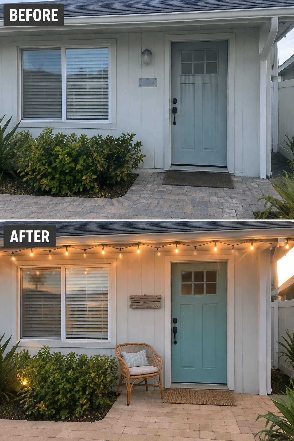 Before and after of teal door on white house with string lights and wicker chair.
