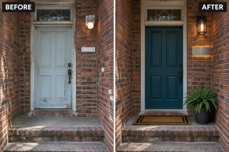 Before and after brick house entrance with door repainted from light blue to dark teal